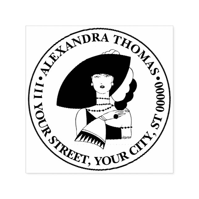 Art Deco Woman In Big Hat Gloves RL Name Address  Self-inking Stamp (Design)