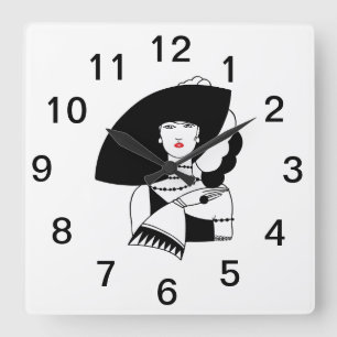 Art Deco Woman In Big Hat Gloves RL Square Wall Clock
