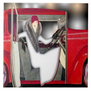 Art Deco Woman in Red Sports Car Tile