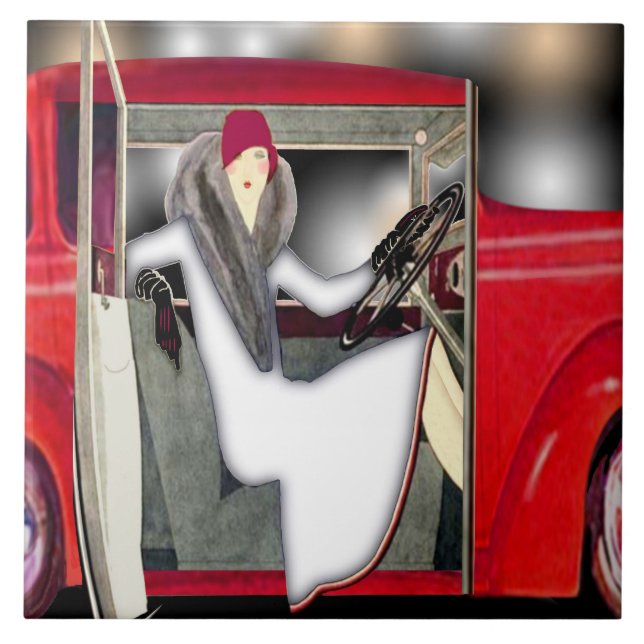 Art Deco Woman in Red Sports Car Tile (Front)