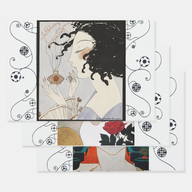 ART DECO WOMAN PORTRAITS Perfume Beauty Fashion Wrapping Paper Sheet (Set)