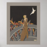 Art Deco Woman Poster<br><div class="desc">A beautiful Art Deco illustration of a woman standing on a balcony watching a white dove.  Colored in autumn tones - a lovely poster.</div>
