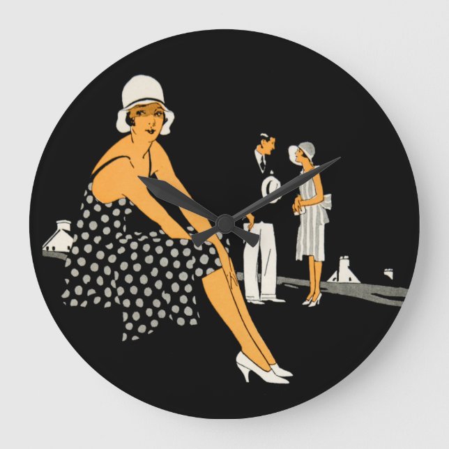 Art Deco Woman Shoes Polka Dot Black Large Clock (Front)