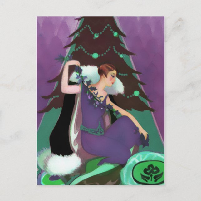 Art Deco Xmas, Pascaline in Purple, Teal and Brown Holiday Postcard (Front)