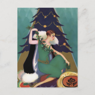 Art Deco Xmas, Pascaline in Teal, Gold and Navy Holiday Postcard