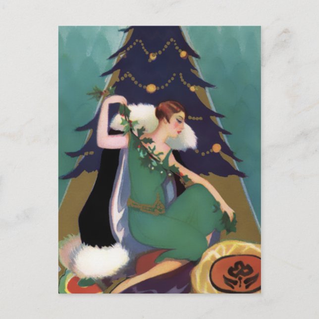 Art Deco Xmas, Pascaline in Teal, Gold and Navy Holiday Postcard (Front)