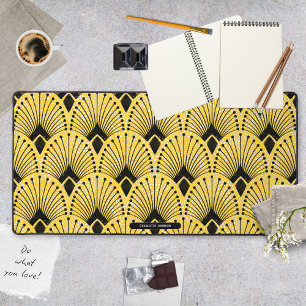 Art Deco Yellow Black White Retro Peacock Pattern Desk Mat