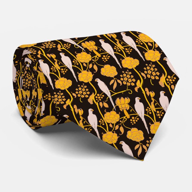 ART DECO YELLOW FLOWERS,WHITE PARROTS ON BLACK TIE (Rolled)