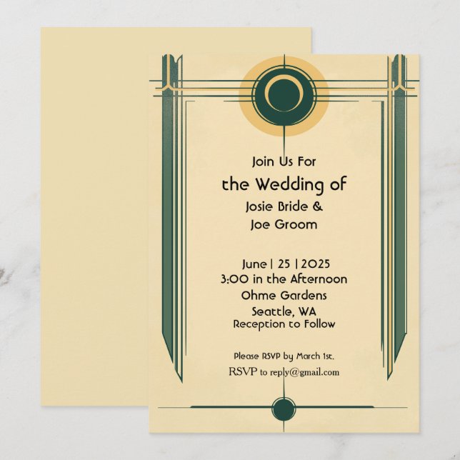 Art deco yellow green wedding invitation (Front/Back)