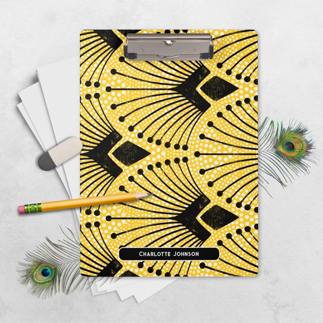 Art Deco Yellow Vintage Peacock Pattern Clipboard (Trendy Art Deco Yellow Black White Peacock Pattern Clipboard ©Susanne Sachers - Sunny Mind 🌞)