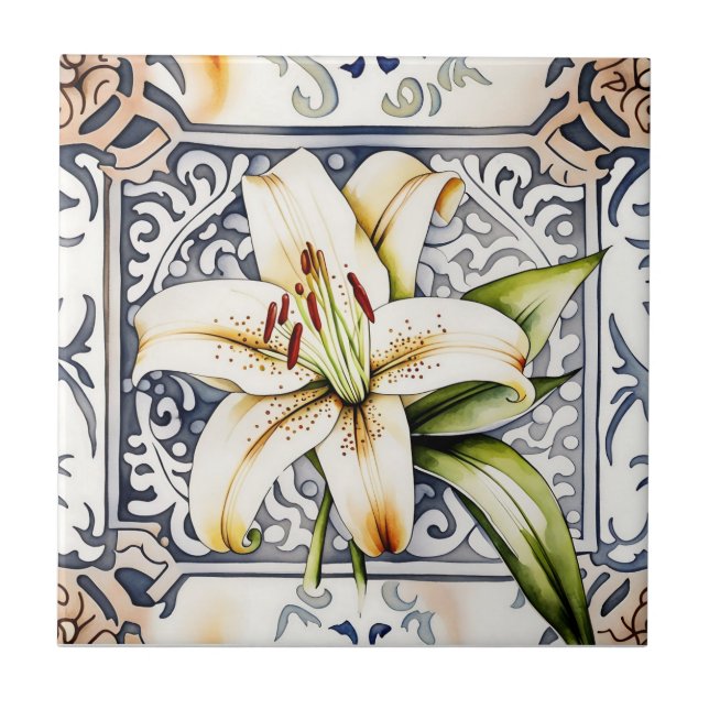 art decor lily antique ornate ceramic tiles (Front)
