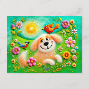 Art Dogs Relaxing in a Colourful Garden Postcard
