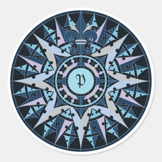 Art drawing, antique compass rose, add monogram classic round sticker (Front)