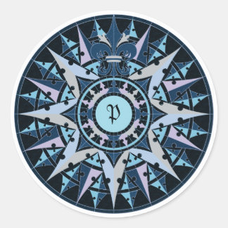 Art drawing, antique compass rose, add monogram classic round sticker