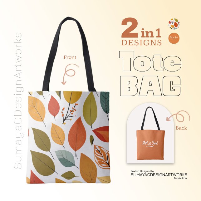 Art et âme Orange Feuilles 2 en 1 Sac fourre-tout (2 Faces in 1 Tote Bag )