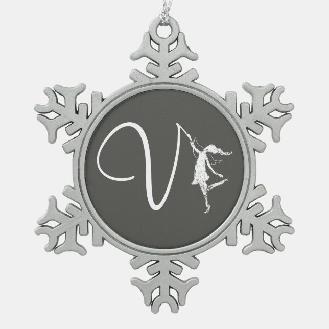 Art Fairy Initial: V Snowflake Pewter Christmas Ornament (Front)