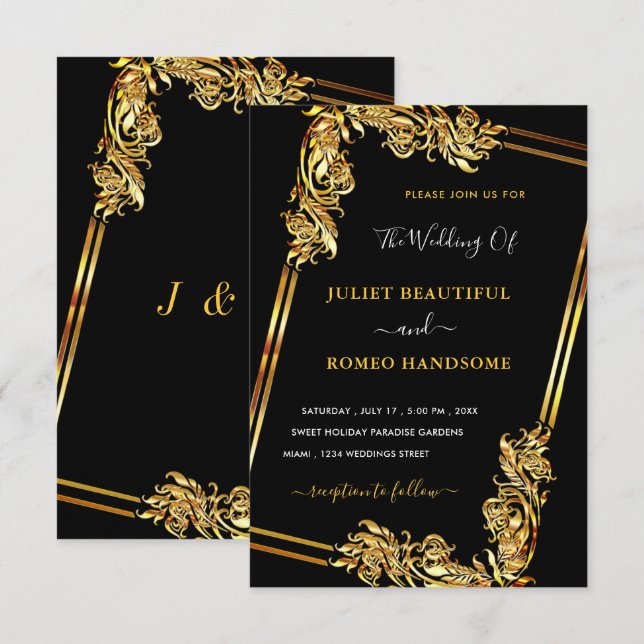 Art Framed Black Gold Wedding Invitation Template (Front/Back)