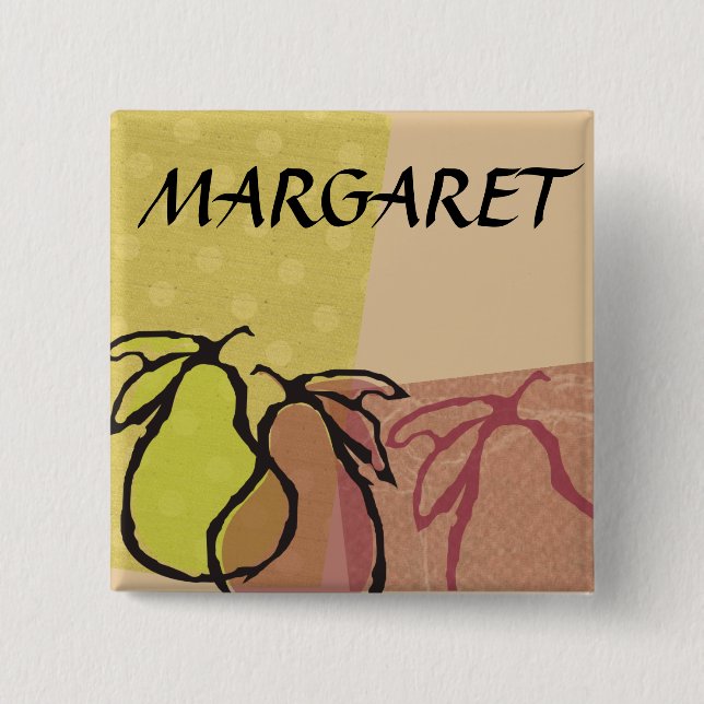 Art fruit pears cooking baking name badge 2 inch square button (Front)