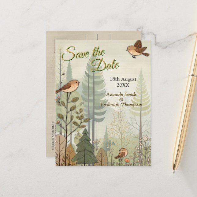 Art illustration of modern-style simplistic birds announcement postcard (Front/Back In Situ)