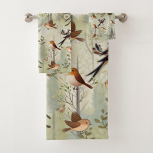 Art illustration of modern-style simplistic birds bath towel set