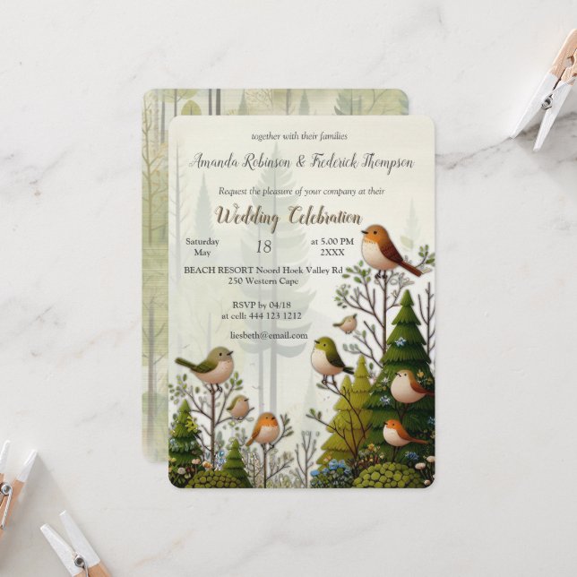 Art illustration of modern-style simplistic birds invitation (Front/Back In Situ)