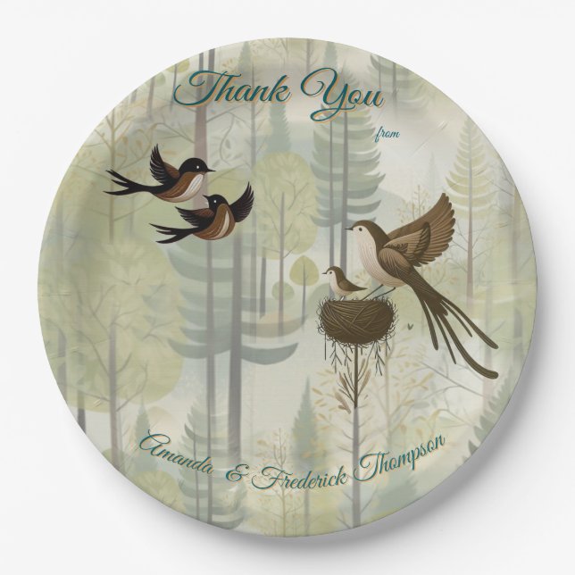 Art illustration of modern-style simplistic birds paper plate (Front)