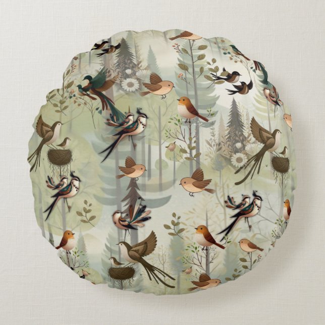 Art illustration of modern-style simplistic birds round pillow (Front)
