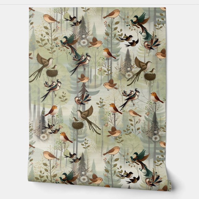 Art illustration of modern-style simplistic birds wallpaper (Unrolling)