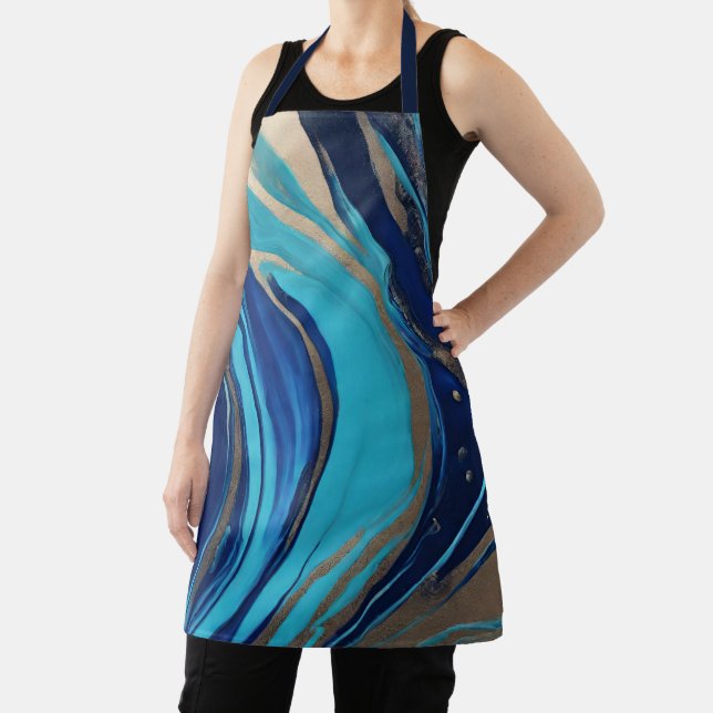 Art in the Kitchen-Abstract Flow Art-Blue & Gold- Apron (Insitu)