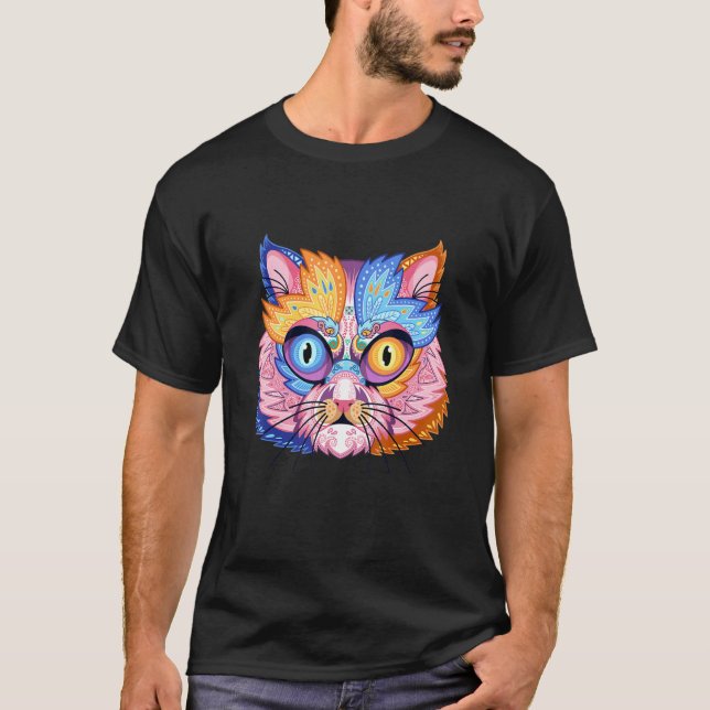 Art Mandala Pattern Cat Colour T-Shirt (Front)