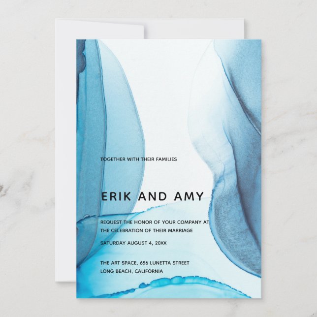 Art moderne de l'encre bleue Faire-part de mariage (Devant)