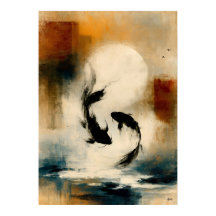 Art mural abstrait de carpe Koi japonaise Sumi-E s
