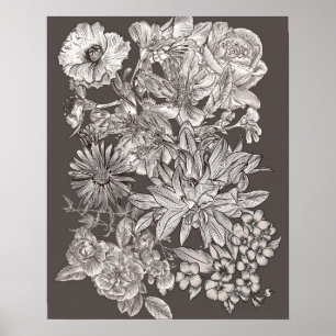 Art mural chic botanique floral vintage gris moder
