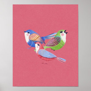 Art mural d'art populaire oiseaux bleu rouge vert