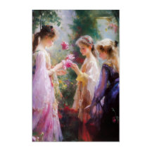 Trois filles jouant dans un jardin