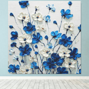 Art mural floral abstrait bleu et blanc en impasto