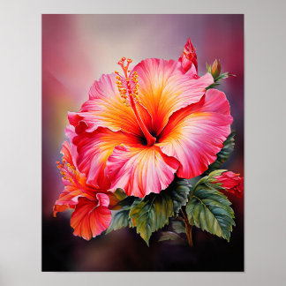 Art mural floral tropical à l'hibiscus rose