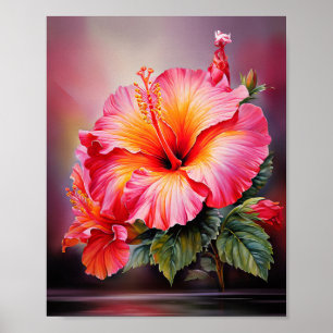 Art mural floral tropical à l'hibiscus rose