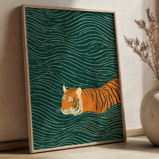 Art mural zen Tigre nageant à travers des vagues v