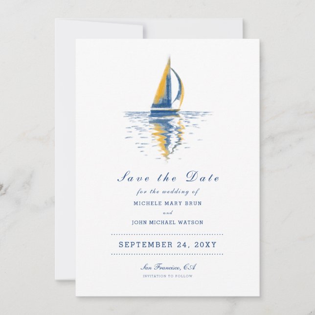 Art Navy Blue Yellow Sailing Boat Save the Date (Front)