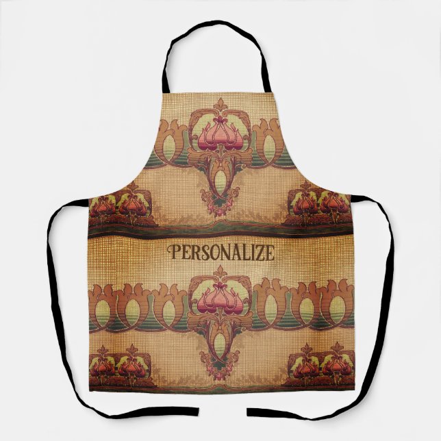 Art nouveau abstract flower burgundy red green apron (Front)
