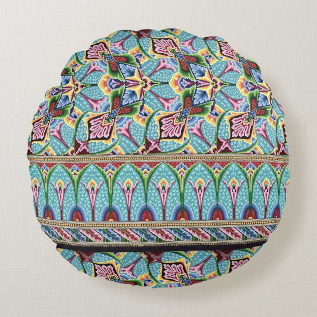 Art nouveau abstract pattern colourful textile art round pillow (Front)