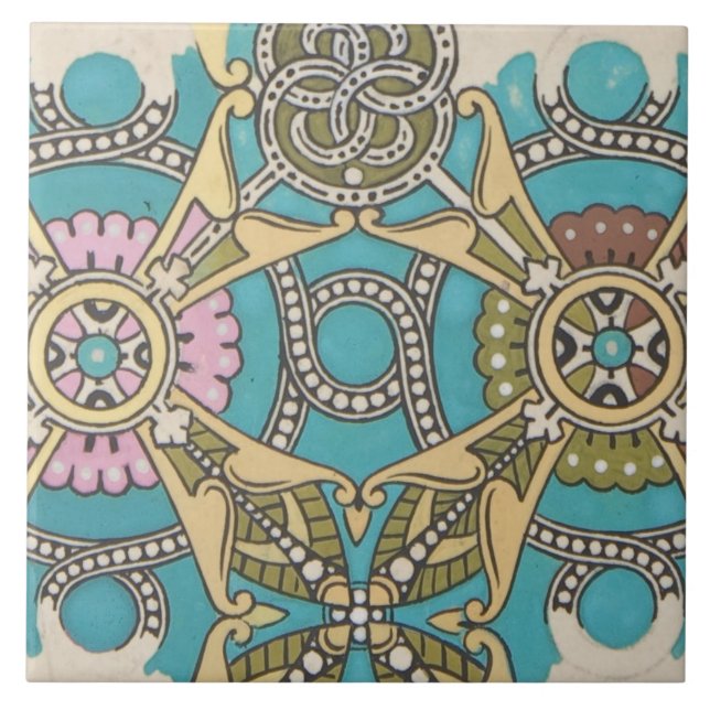 Art nouveau abstract textile art blue pink yellow  tile (Front)
