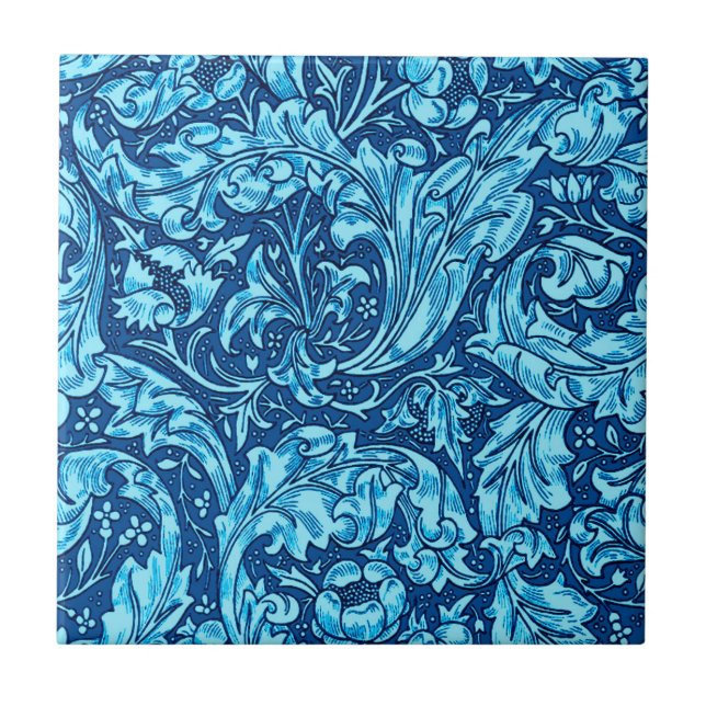 Art Nouveau Acanthus Leaves and Flowers, Sky Blue Tile (Front)