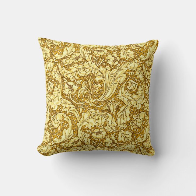 Art Nouveau Acanthus Leaves & Flowers, Mustard Gol Throw Pillow (Front)