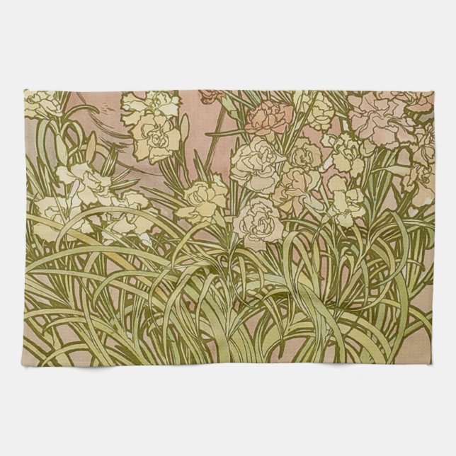 Art Nouveau Alfonse Mucha Floral carnation flowers Kitchen Towel (Horizontal)