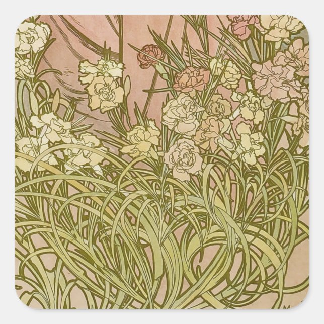 Art Nouveau Alfonse Mucha Floral carnation flowers Square Sticker (Front)