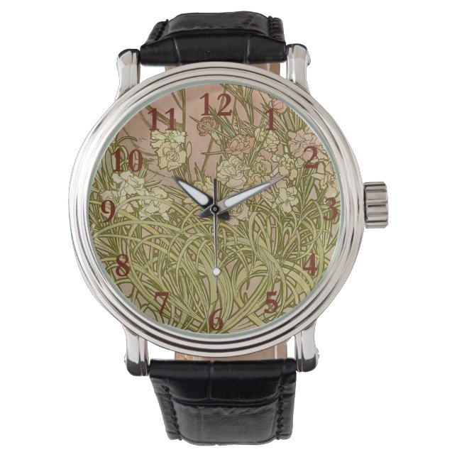 Art Nouveau Alfonse Mucha Floral carnation flowers Watch (Front)