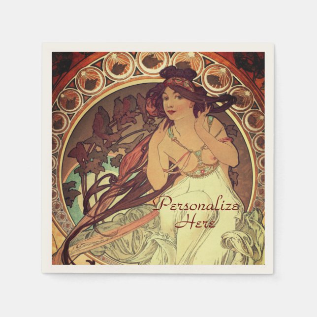 Art nouveau Alphonse Mucha elegant vintage woman Napkin (Front)