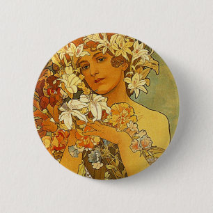 Art Nouveau Alphonse Mucha Flower 2 Inch Round Button
